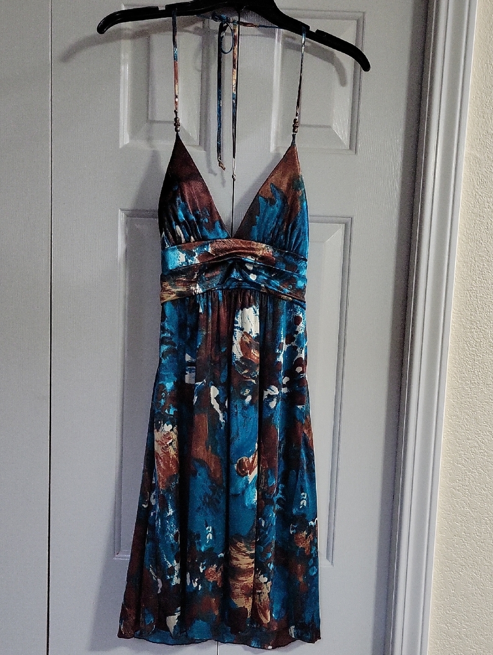 Speechless Brand Blue and Brown Satin Halter Sundress